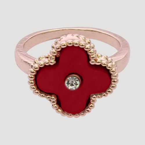 RRN-0598R Enamel & Rhinestone Quatrefoil Rose Gold Ring in Red