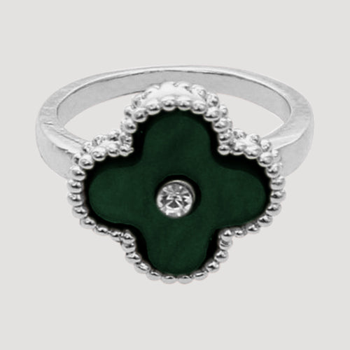 RRN-0598R Enamel & Rhinestone Quatrefoil Silver Ring in Green