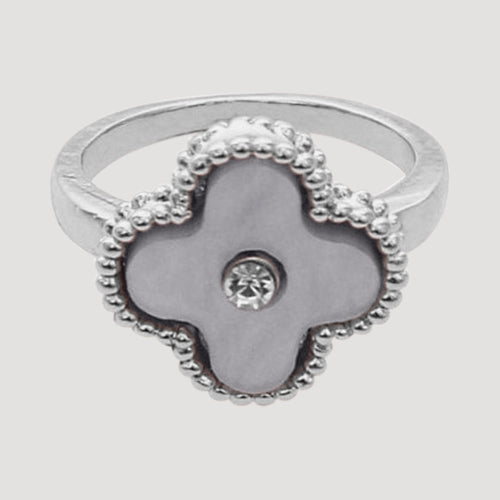 RRN-0598R Enamel & Rhinestone Quatrefoil Silver Ring in Purple