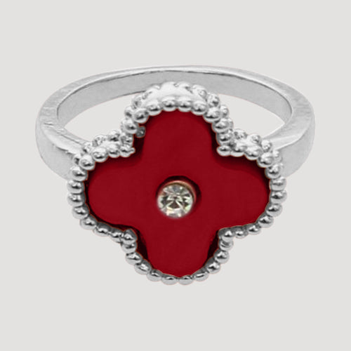 RRN-0598R Enamel & Rhinestone Quatrefoil Silver Ring in Red
