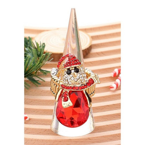 Rhinestone Snowman Stretch Ring in Gold/Red