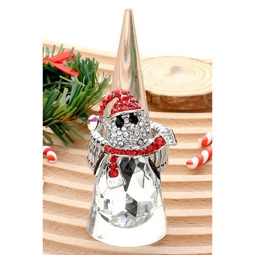 Rhinestone Snowman Stretch Ring in Silver/Clear Crystal