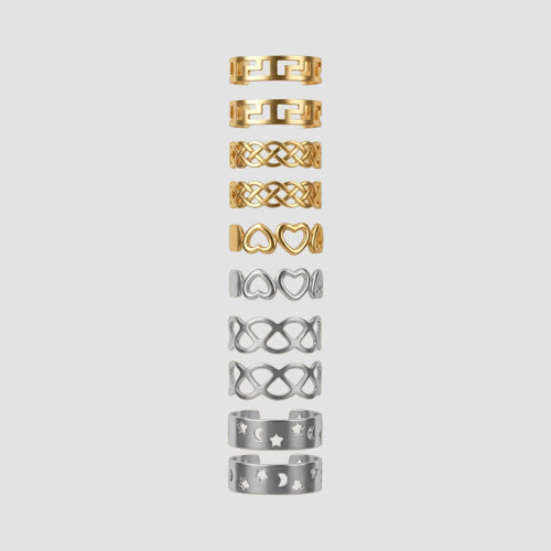 Set Of 10 Toe Rings in Silver & Gold