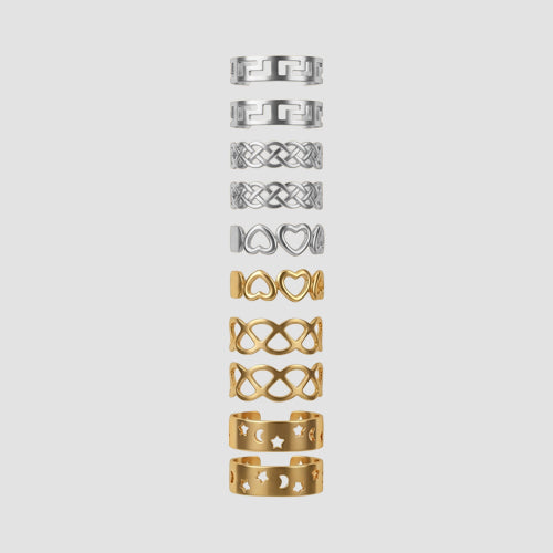 Set Of 10 Toe Rings in Silver & Gold