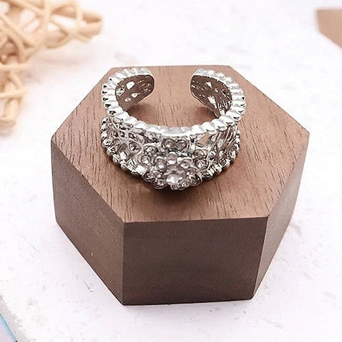 Rhinestone Flower Open Ring in Silver