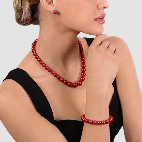 Pearl 3-Piece Stud Earring Set in Red