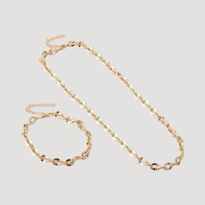 Gold Plated Flat Link Chain Necklace & Bracelet Set
