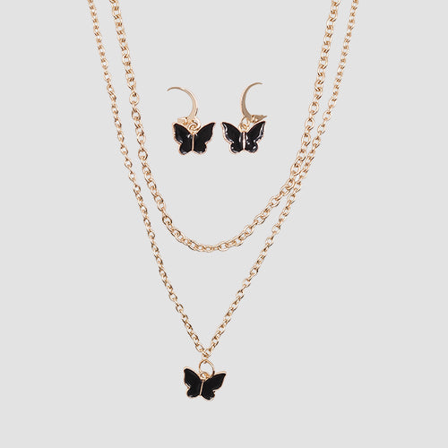 ANE1143 Enamel Butterfly Earring & Necklace Set in Gold/Black
