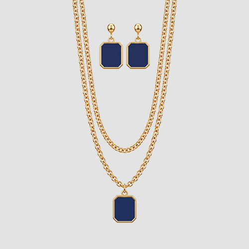 ANE1144 Enamel Square Necklace & Earring Set in Gold/Navy
