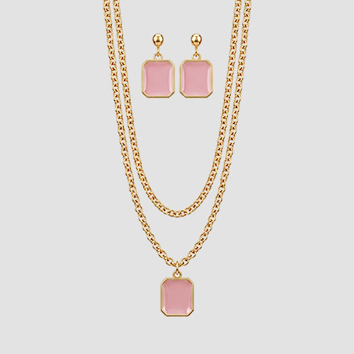 ANE1144 Enamel Square Necklace & Earring Set in Gold/Pink