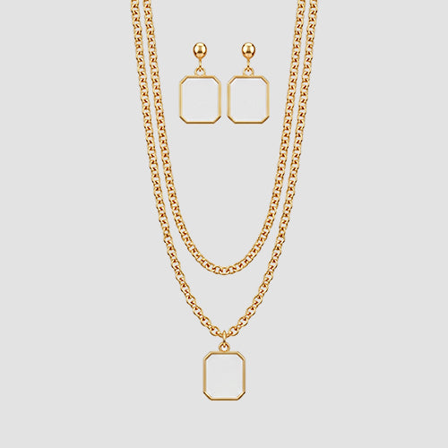 ANE1144 Enamel Square Necklace & Earring Set in Gold/White