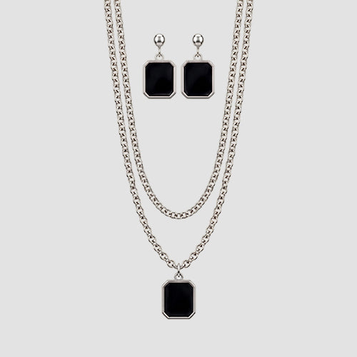 ANE1144 Enamel Square Necklace & Earring Set in Silver/Black