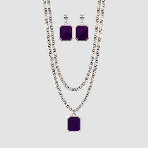 ANE1144 Enamel Square Necklace & Earring Set in Silver/Purple