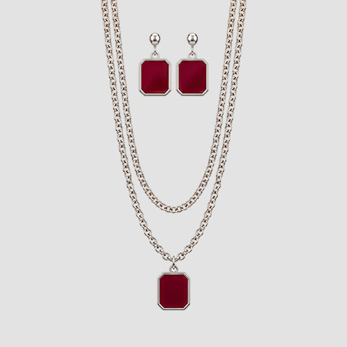 ANE1144 Enamel Square Necklace & Earring Set in Silver/Red