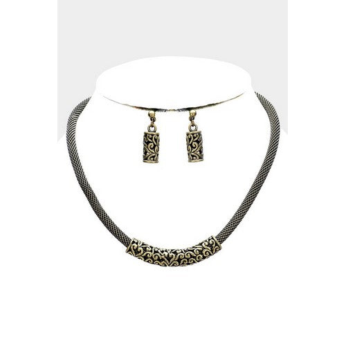 MN2458 Fleurs De Lis Mesh Necklace & Earring Set Bronze