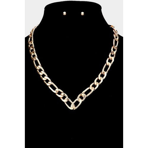 MN4241 Chevron Cuban Link Chain Necklace & Earring Set Gold