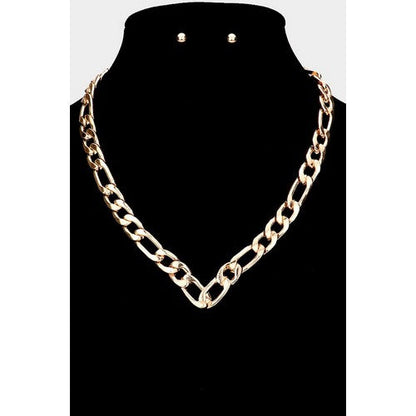 MN4241 Chevron Cuban Link Chain Necklace & Earring Set Gold