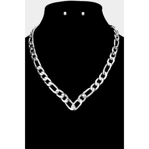 MN4241 Chevron Cuban Link Chain Necklace & Earring Set Silver