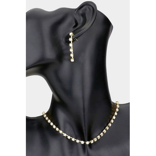 CN7491 Single Row Rhinestone Choker Necklace & Earring Set Gold 