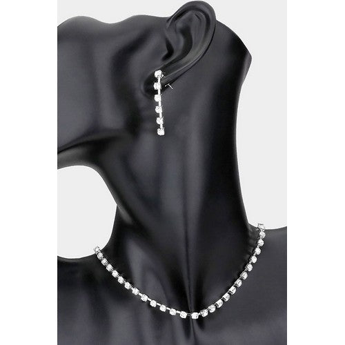 CN7491 Single Row Rhinestone Choker Necklace & Earring Set Silver 