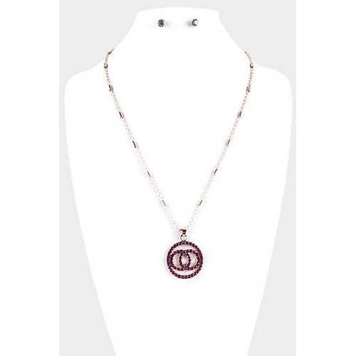 PKN1357 Infinity CC Rhinestone Necklace & Stopper Earring Set