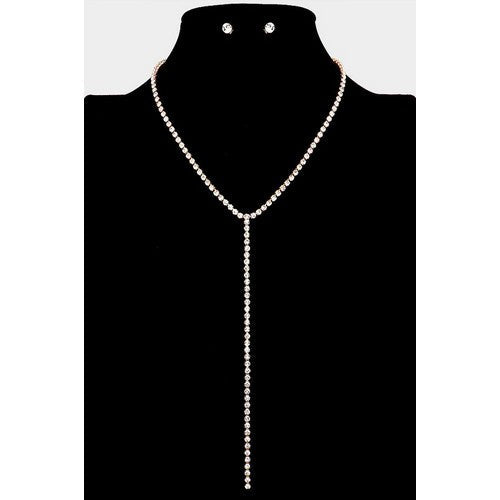 RN1924 Rhinestone Y Long Drop Necklace & Stopper Earring Set Gold