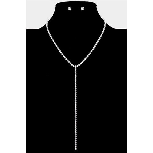 RN1924 Rhinestone Y Long Drop Necklace & Stopper Earring Set Silver