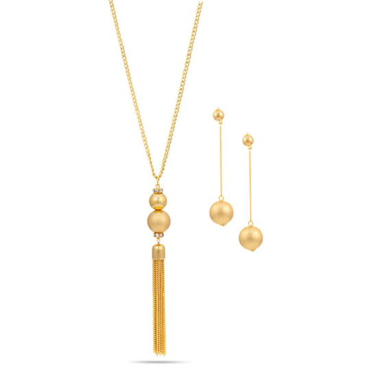 SQ6708G Long Tassel Necklace & Earring Set Gold