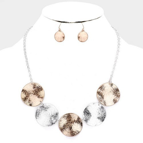 HNE3146Hammered 2 Tone Disc Earring & Necklace Set Gold
