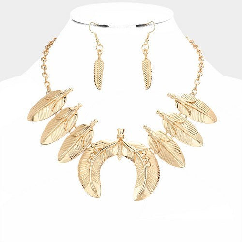 HN7573 Boho Leaf Necklace & Earring Set Gold