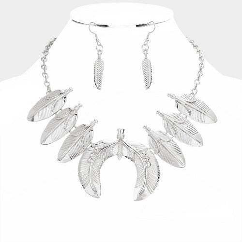 HN7573 Boho Leaf Necklace & Earring Set Silver