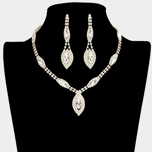 RN10305 Marquise Rhinestone Drop Necklace & Earring Set Gold