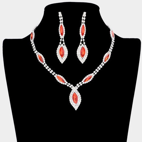 RN10305 Marquise Rhinestone Drop Necklace & Earring Set Red