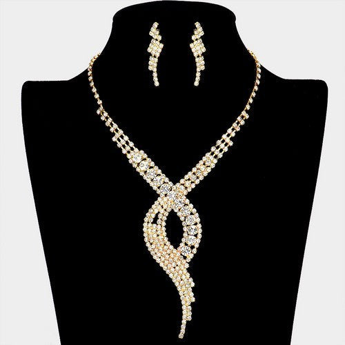 RN10664 RhinestoneSwirl Necklace & Earring Set Gold