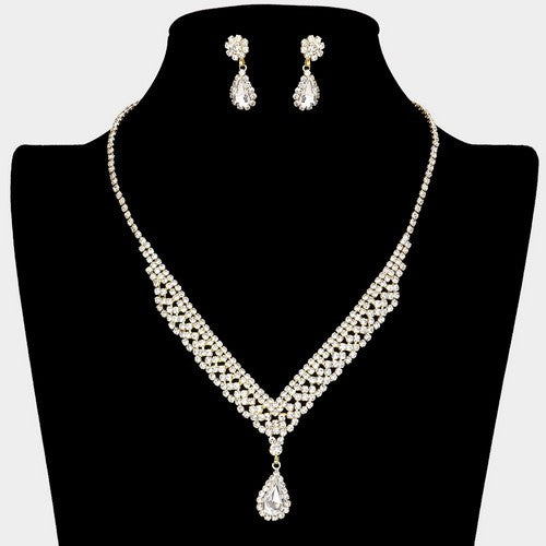 S19659 Marquise Rhinestone Necklace & Earring Set  Gold