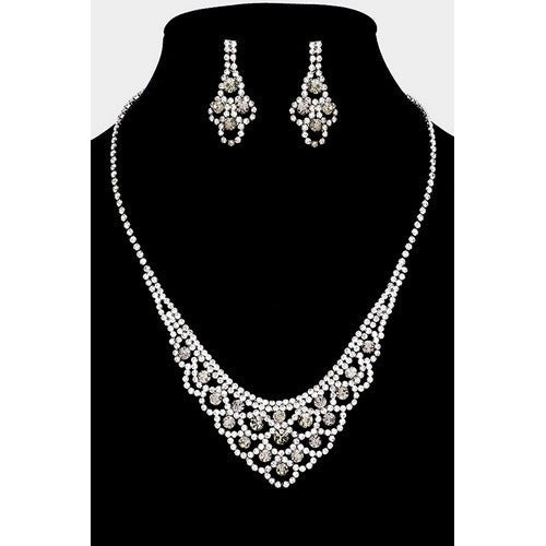 S19727 Round Gem Accented Rhinestone Necklace & Earring Set Black