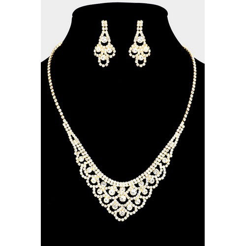 S19727 Round Gem Accented Rhinestone Necklace & Earring Set Gold