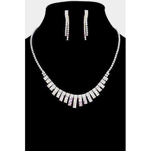 S19732 Rhinestone Pave Rectangle Cluster Necklace & Earring Set AB