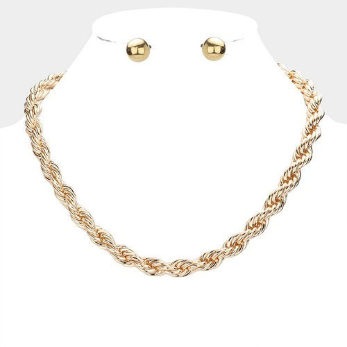 KS7295-18  Chunky Rolled Rope Chain & Stopper Nacklace & Earring Set Gold