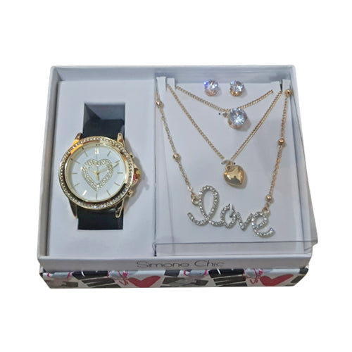 Love Heart Diamond 6pc Watch Set Black