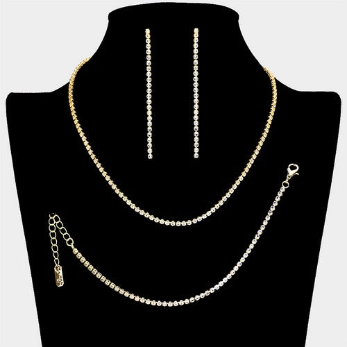 1-Row Rhinestone Earring, Necklace & Bracelet Set Gold/Clear