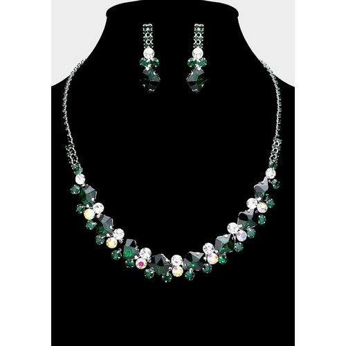 Big Gem Rhinestone Earring & Necklace Set Silver/Green