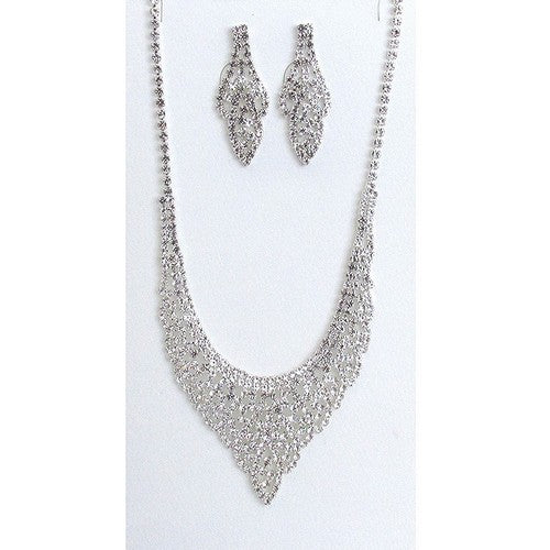 Leaf Rhinestone Earring & Necklace Set Silver