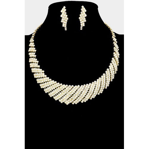 Curved Rhinestone Earring & Necklace Set Gold