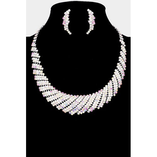 Curved Rhinestone Earring & Necklace Set Silver