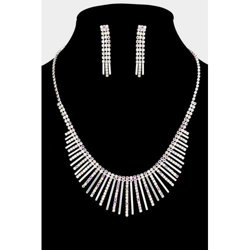 Spike Rhinestone Earring & Necklace Set Silver