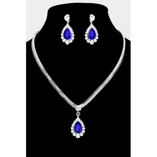 Snake Chain Teardrop Rhinestone Earring & Necklace Set Silver/Blue