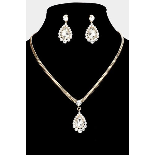 Snake Chain Teardrop Rhinestone Earring & Necklace Set Gold/Clear