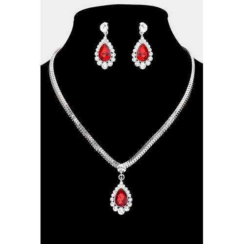 Snake Chain Teardrop Rhinestone Earring & Necklace Set Silver/Red