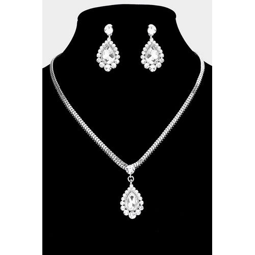 Snake Chain Teardrop Rhinestone Earring & Necklace Set Silver/Clear